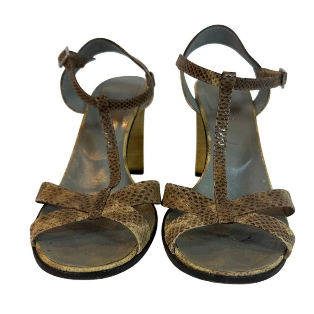 Gucci Womens Snakeskin Embossed T-Strap Block Heel Sandals Brown Tan Size 9